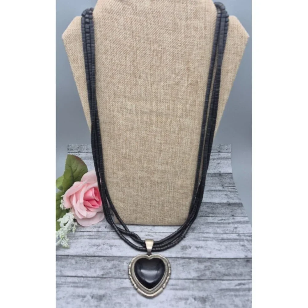 Multi Strand Bead Necklace Silver Tone Black Large Heart Pendant Whimsigoth
